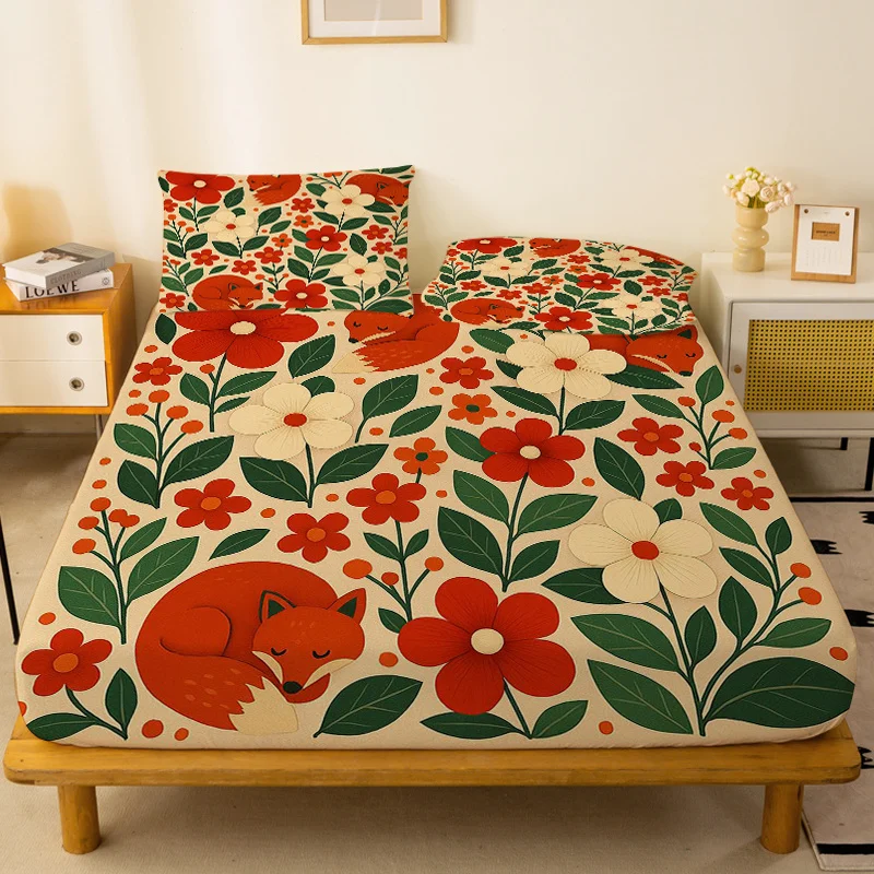Two Little Foxes Floral Fitted Sheet Mattress Protector Breathable Polyester Material (Includes 1 Fitted Sheet + 2 Pillowcases) Mattress Protector Fitted Elastic Style Protective Cover Mattress Protector, Fitted Bedding Christmas Themed Bedding Baby Bedding Suitable for Nursery Room