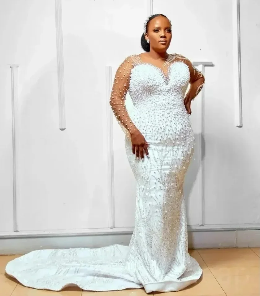 Sparkly Pearls Beads Wedding Dress with Removable Skirt Scoop Illusion Long Sleeves Pearls Beads Tulle Bridal Bride Gown African