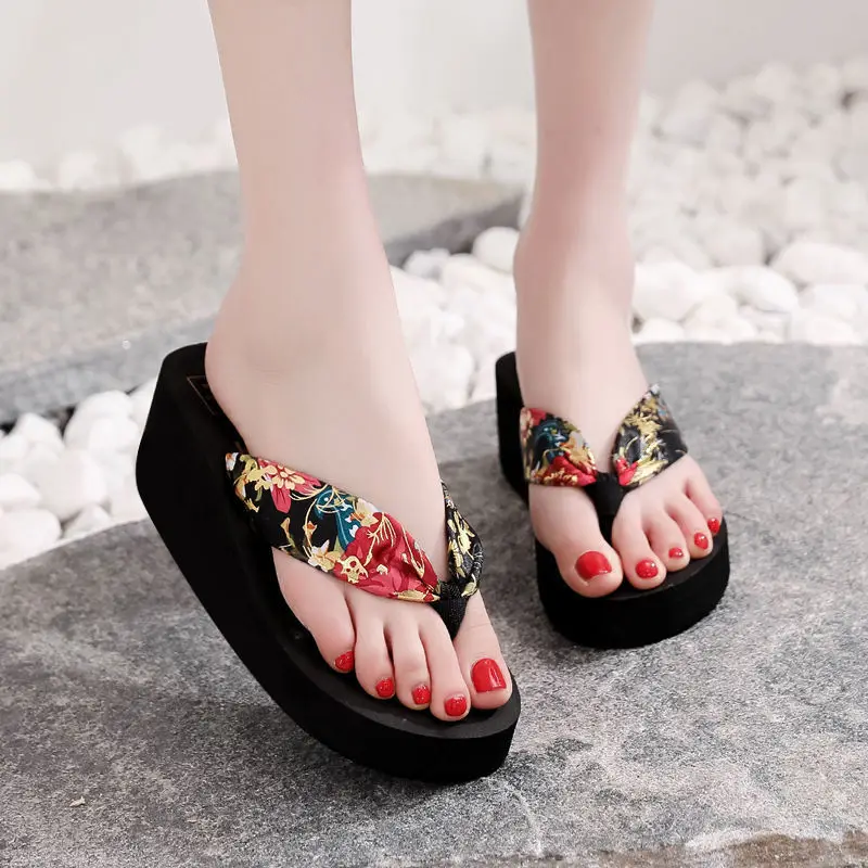 Wedged Platform Sandals Women Flip Flops Open Toe High Heels Printed Slippers Summer Bohemia Outdoor Wedges Slides Home Shoes