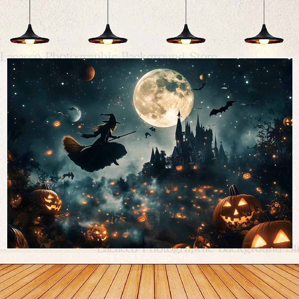 Spooky Moon Light Witch Broom Photography Background Pumpkin Lights Bats Horror Halloween Backdrop Wall Decor Photo Booth Props