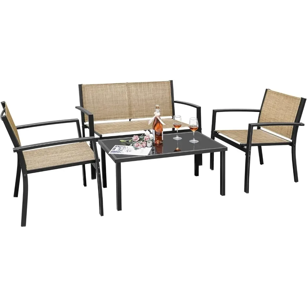 4 Pieces Patio Furniture Outdoor Furniture  Textilene Bistro Set Modern Conversation  Black Bistro Set