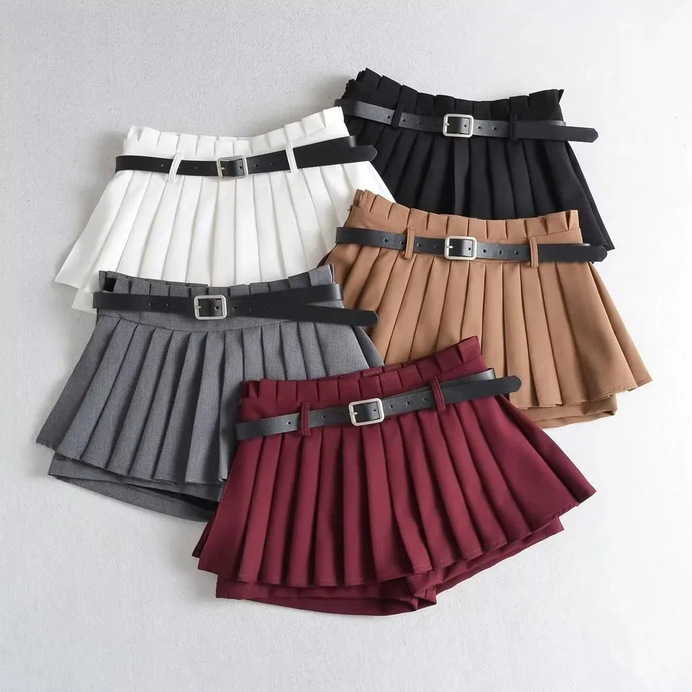 Low Waist Slim Mini Pleated Skirt Women Summer Casual Solid Black Belt Fashionable A Line Skirt