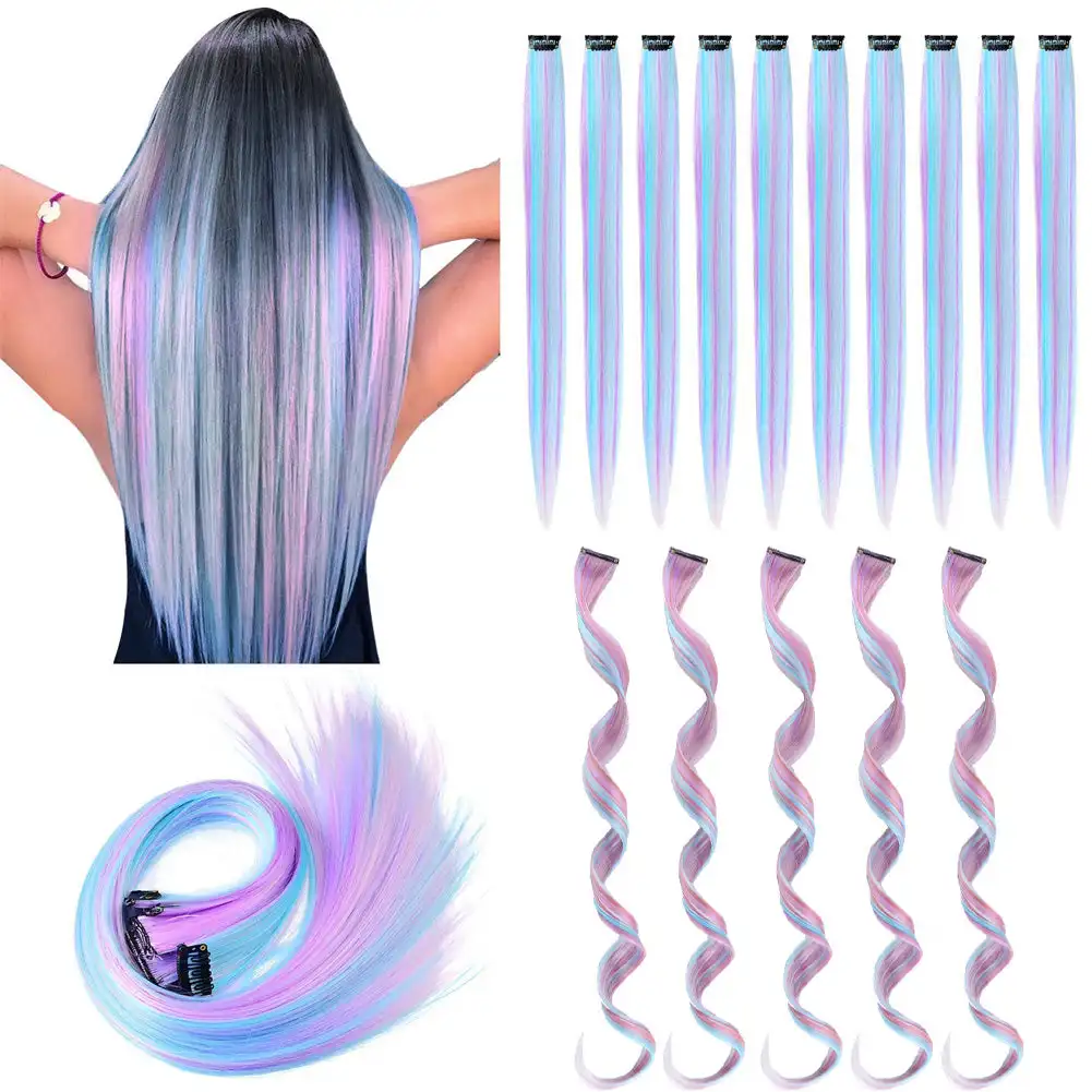 

Прямые вьющиеся волосы 55 см, женские парики, один зажим для наращивания волос, смешанный цвет радуги, бесшовные, окрашенные в форме градиента, нашивка для парика