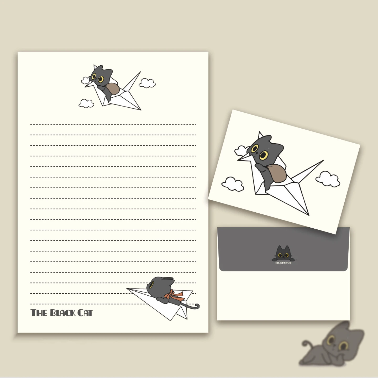 Lindo conjunto de envelope de gato preto, 4 folhas de papel e 4 envelopes, adequado para convites e cartas