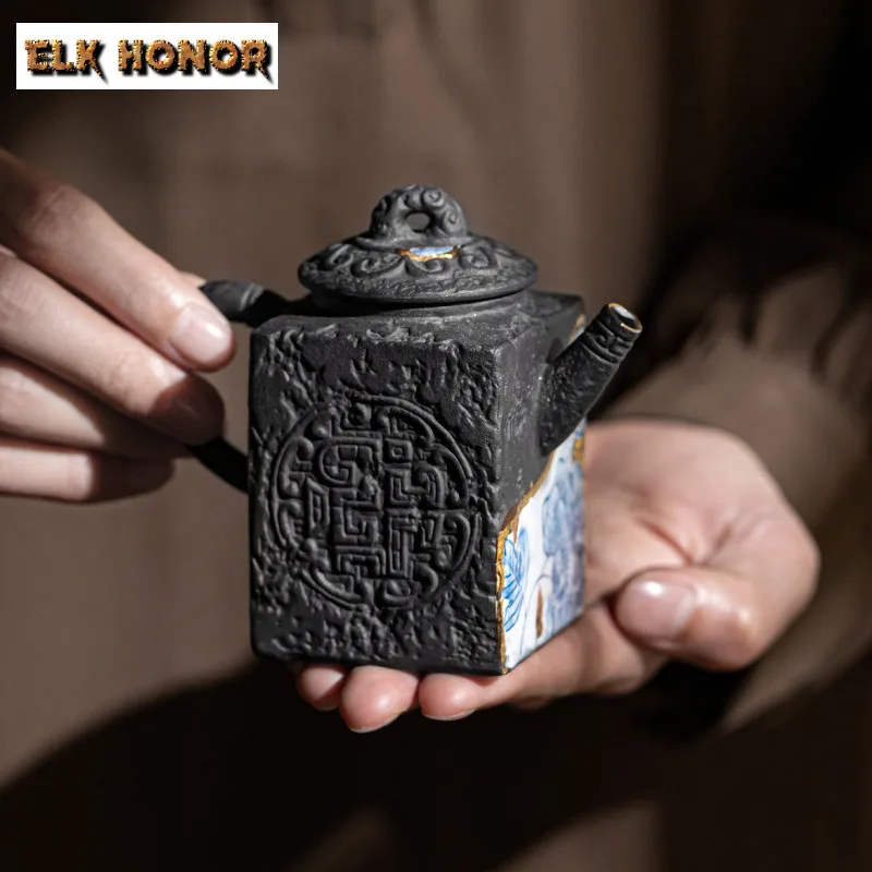 

140ml Painted Gold Old Rock Clay Teapot Luxury Square Dragon Tea Infuser Pot Tea Maker Kettle With Ball Hole Tea Item Collection