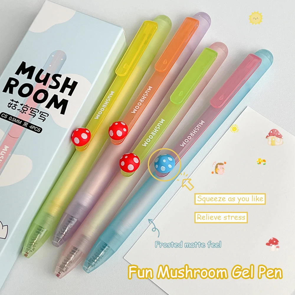

4 шт. забавная гелевая ручка с грибами для снятия стресса, 0,5 мм, минималистичная быстросохнущая красочная прозрачная ручка в стиле IG, учебная и офисная ручка