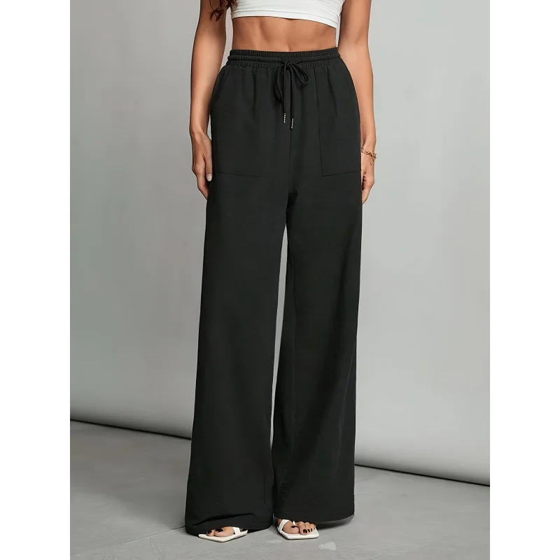 

Women's High-Waisted Linen Straight-Leg Pants with Drawstring - Casual Solid Color Trousers, Machine Washable, Comfort Fit for A
