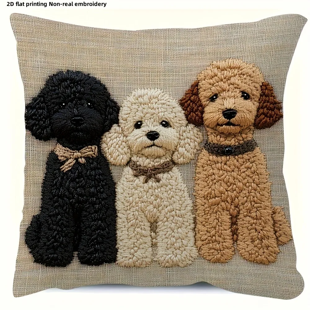 Adorable 2D Flat-Printed Non-real Embroidered Dog Pillowcase Sofa Cushion Cover, Home Room Dormitory Decoration, 2D Printing