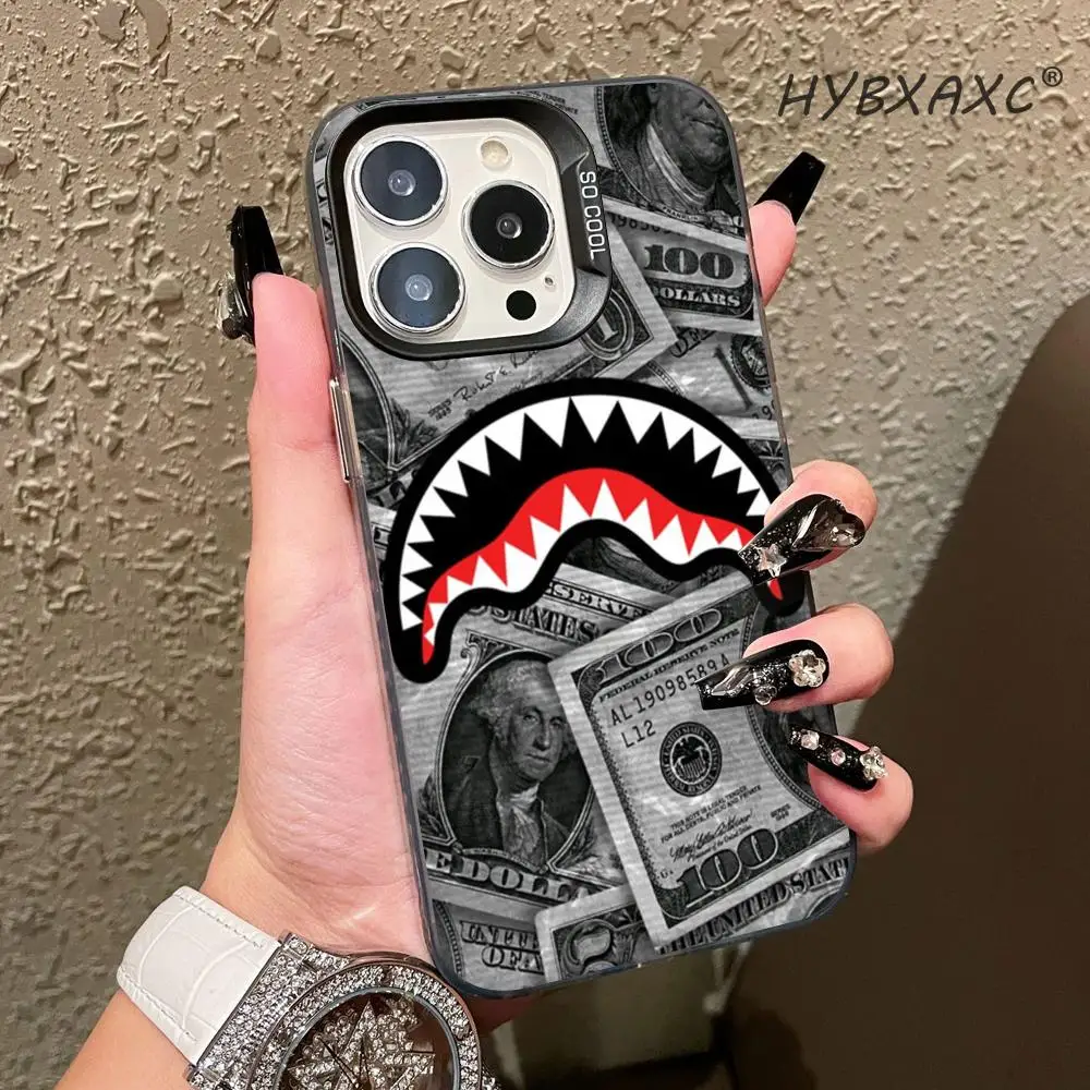 Street Trendy Cool Dollar Shark Electroplate Silver Phone Case For iPhone 17 Pro Max 11 12 13 14 15 16 Plus Air 16E XS XR Cover