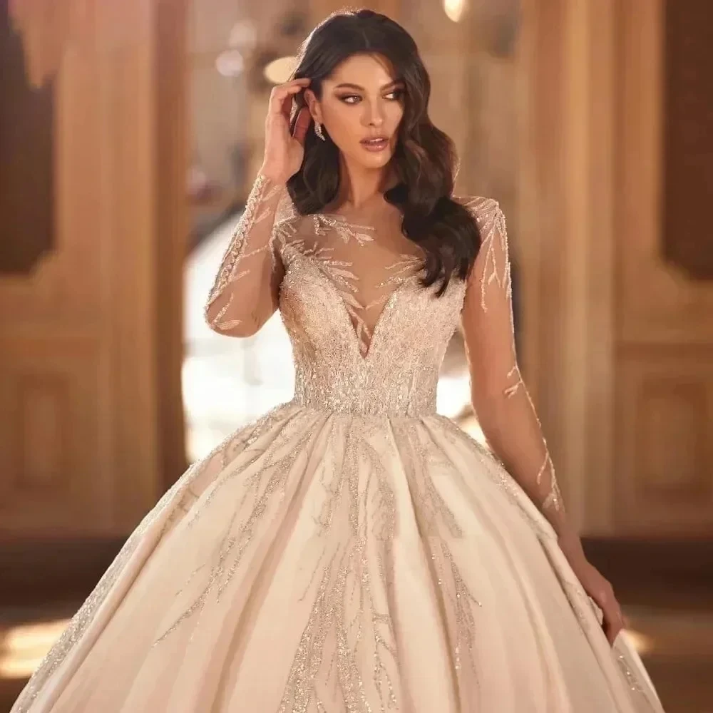 Luxury Puffy Wedding Dress Sheer Neck Lace Sequins Long Sleeves Satin Bridal Dresses Church Bride Gown vestidos de novia