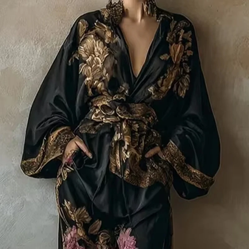 

Sexy V-neck Lace-Up Top & Long Pant Suit Women Casual Long Sleeve Wide Leg Pant Sets Vintage Pattern Print Loose 2 Piece Outfits