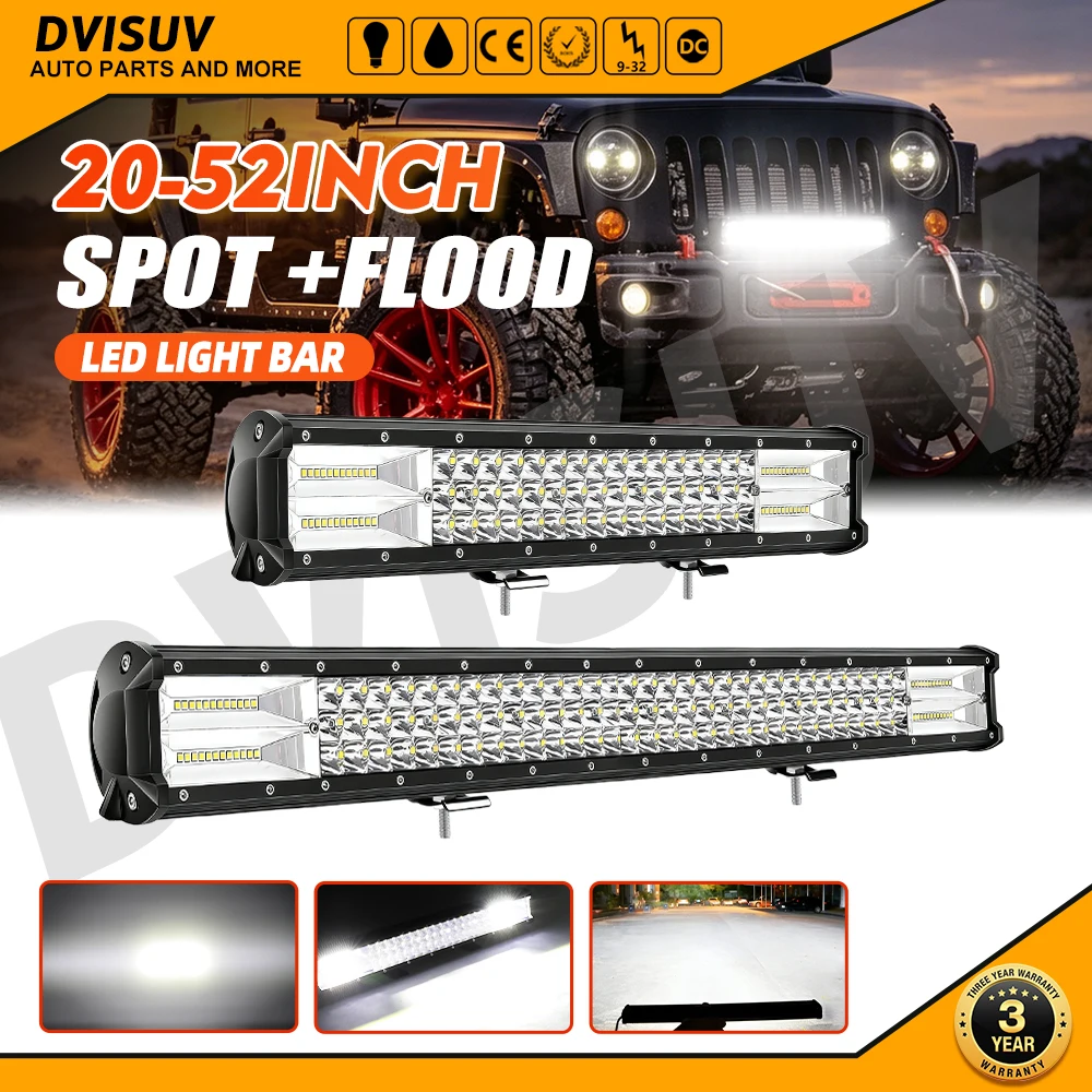 Barre lumineuse LED Braveway à 3 rangées, faisceau combiné spot et large, lumière de conduite blanche 6000K pour voitures Wrangler 12V 24V IP68, utilisation tout-terrain