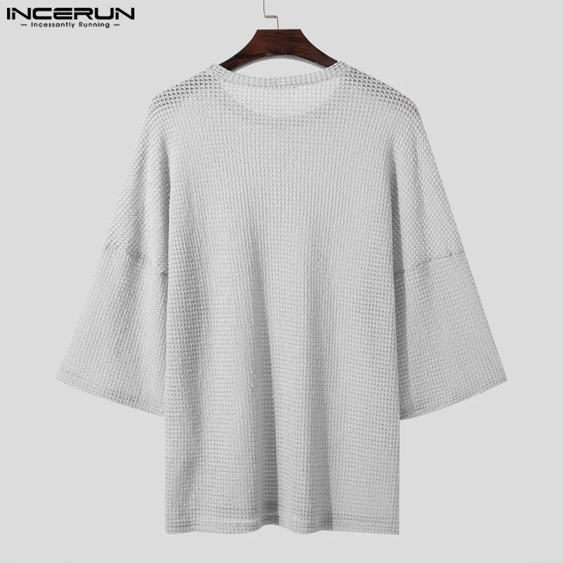 2024 Men T Shirt Solid Color Hollow Out O-neck Short Sleeve Men Clothing Transparent Streetwear Loose Fashion Tee Tops INCERUN