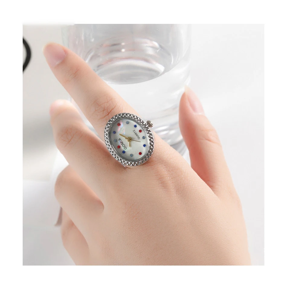 قبلة مجوهرات جديدة الإبداعية مقاوم للماء ساعات كوارتز صغيرة البنصر الملونة حجر الراين قابل للتعديل سبيكة البيضاوي الهاتفي على مدار الساعة الدائري #4
