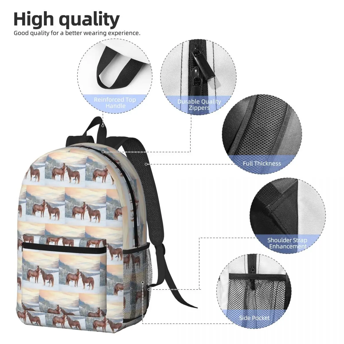 Horses With Snow And Sunset Hills Backpack Boys Girls BookBag Kids School Bag Laptop Shoulder Bags for Men Women