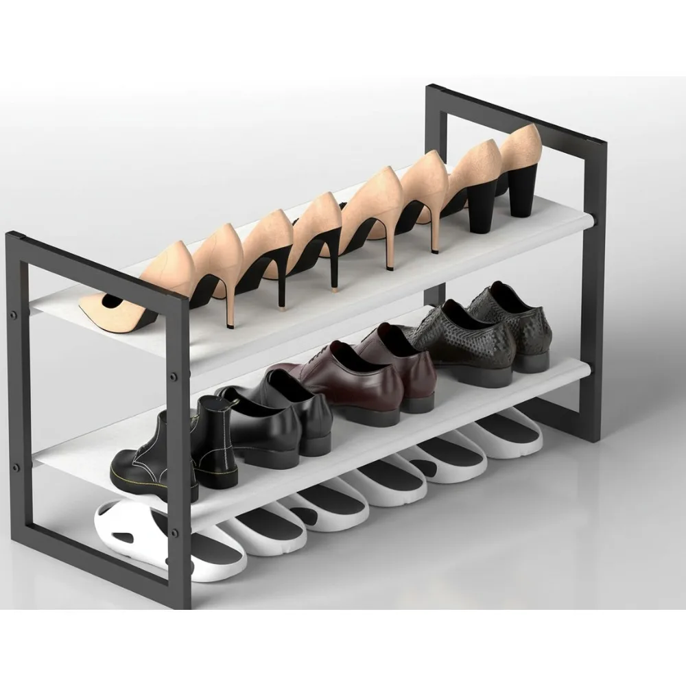 

Современная компактная двухъярусная полка для обуви для небольших квартир — металлический органайзер глубиной 11,8 дюйма с неткаными полками, устойчивый каркас