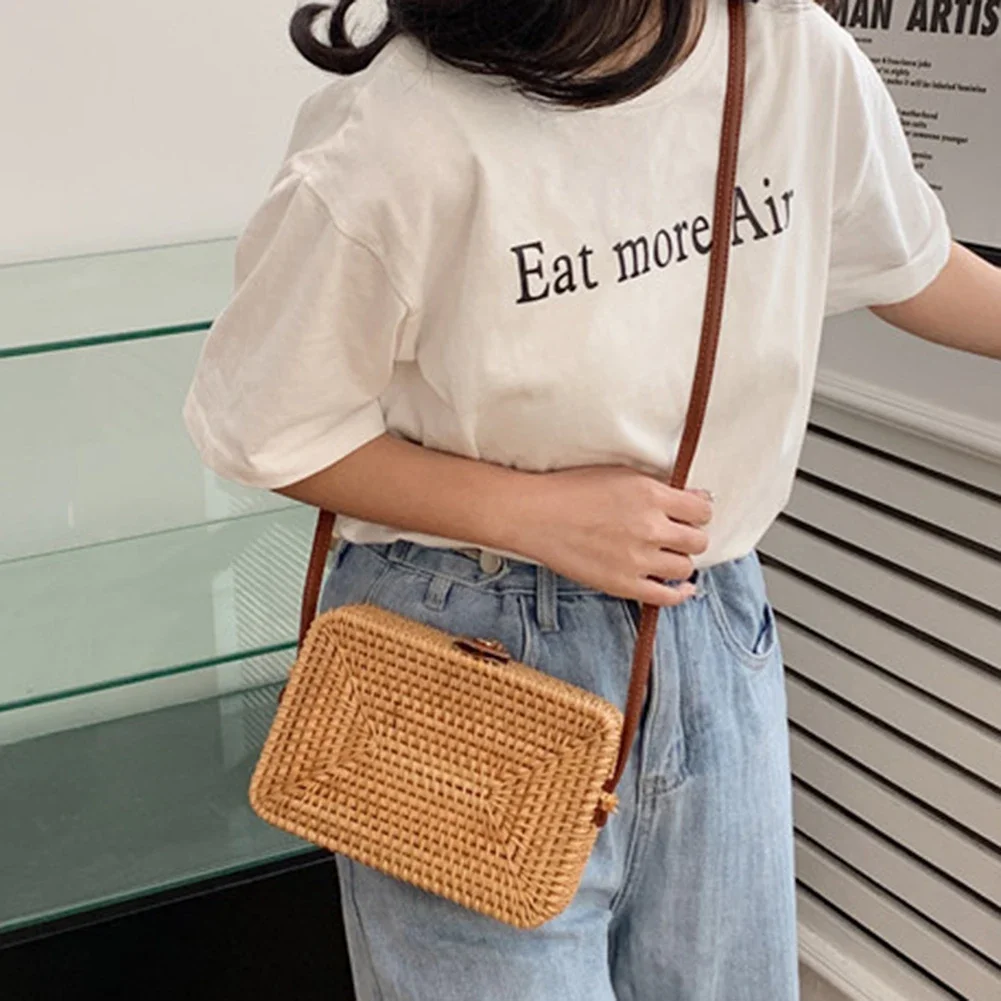 2024 New Bali Vintage Handmade Crossbody Bag Square/Round/Bucket Rattan Woven Shoulder Bag Retro Bohemia Beach Durable Straw Bag