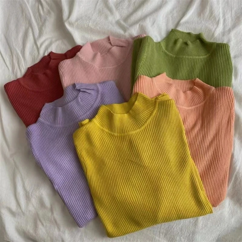 Autumn Winter High Collar Long Sleeve Skinny Elastic Casual Tops Bottoming Sweater Women Basics Knitted Warm Knitwear Pullovers