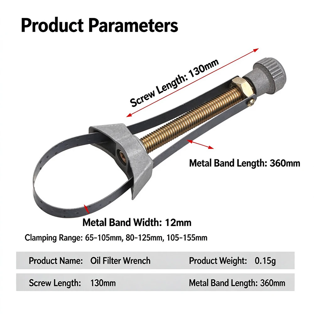 1pc Car Auto Motorcycle Oil Filter Removal Tool Strap Wrench Diameter Adjustable 60mm To 120mm