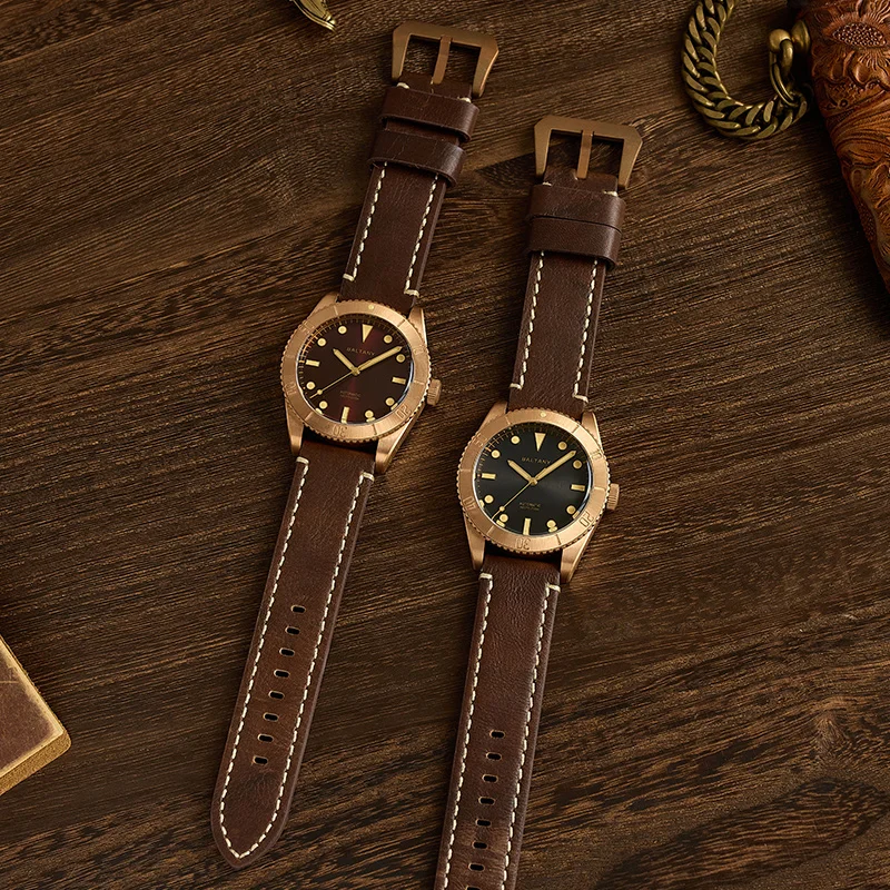Baltany Diving Wristwatches Men 44mm NH38 Automatic Sapphire Crystal Leather Stainless Steel 20ATM Mechanical Bronze Watches