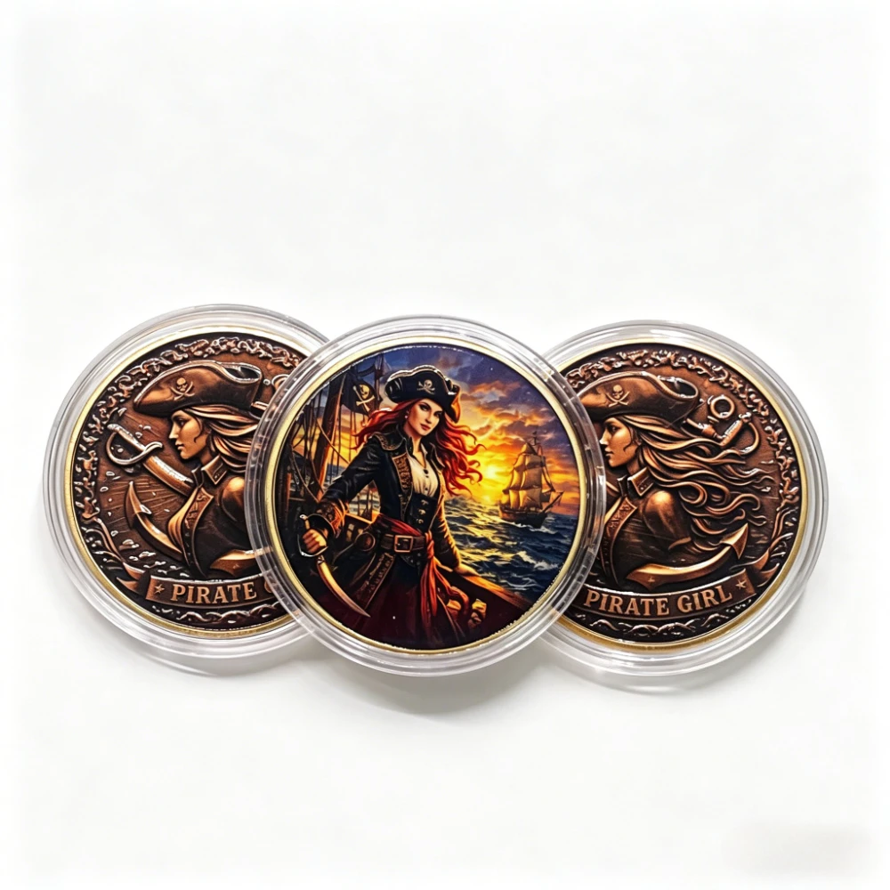40mm Gold Colorful Pirate Girl Challenge Coin Metal Art Commemorative Coin Collectible Souvenir Home Decor Festival Gift
