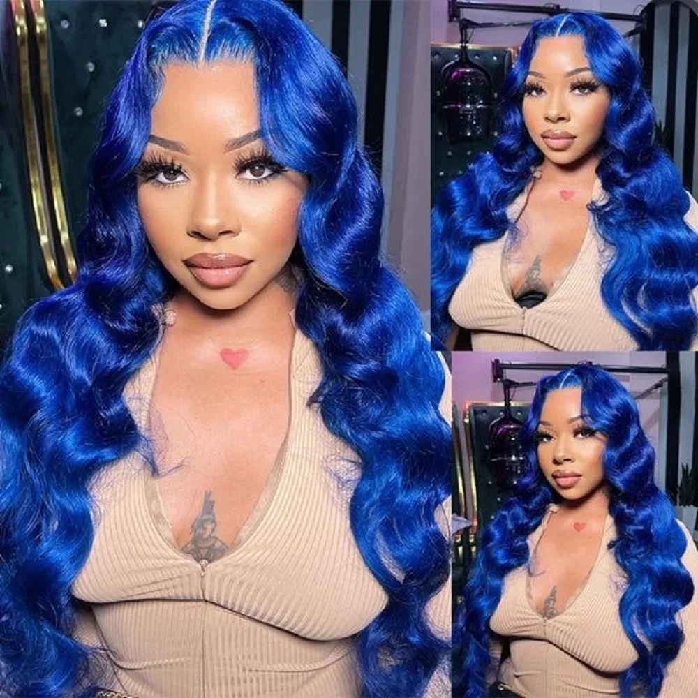 Wig Rambut Asli Transparan HD Biru Dongker 13X6 Body Wave Lace Frontal Pre Plucked Berwarna Biru Royal 13X4 Lace Front Sedang Diskon
