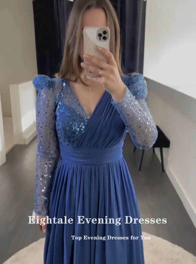 Eightale Evening Dress for Wedding Party V-Neck Long Sleeves Chiffon Blue Customized Sparkly Arabic Prom Gown vestido de noche