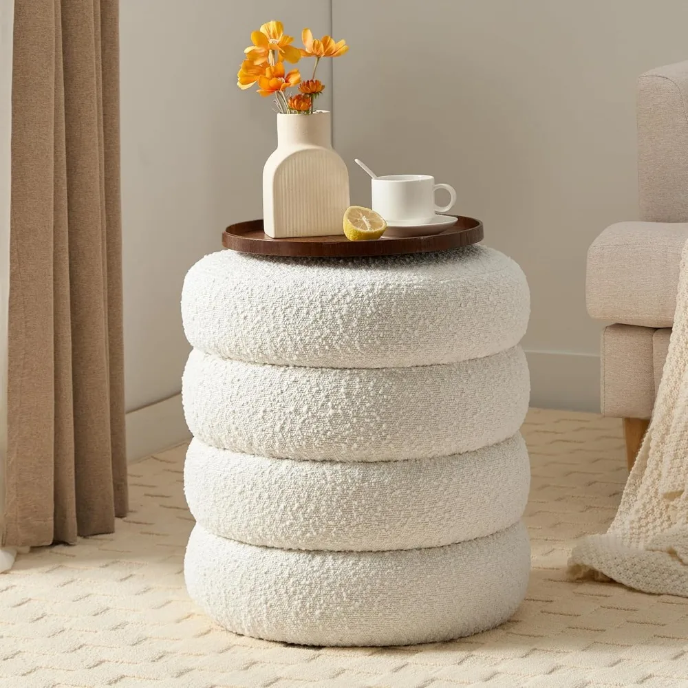 Round with Storage for Living Room Small Ottoman Foot Rest Aesthetic Boucle Vanity Stool Storage Ottoman