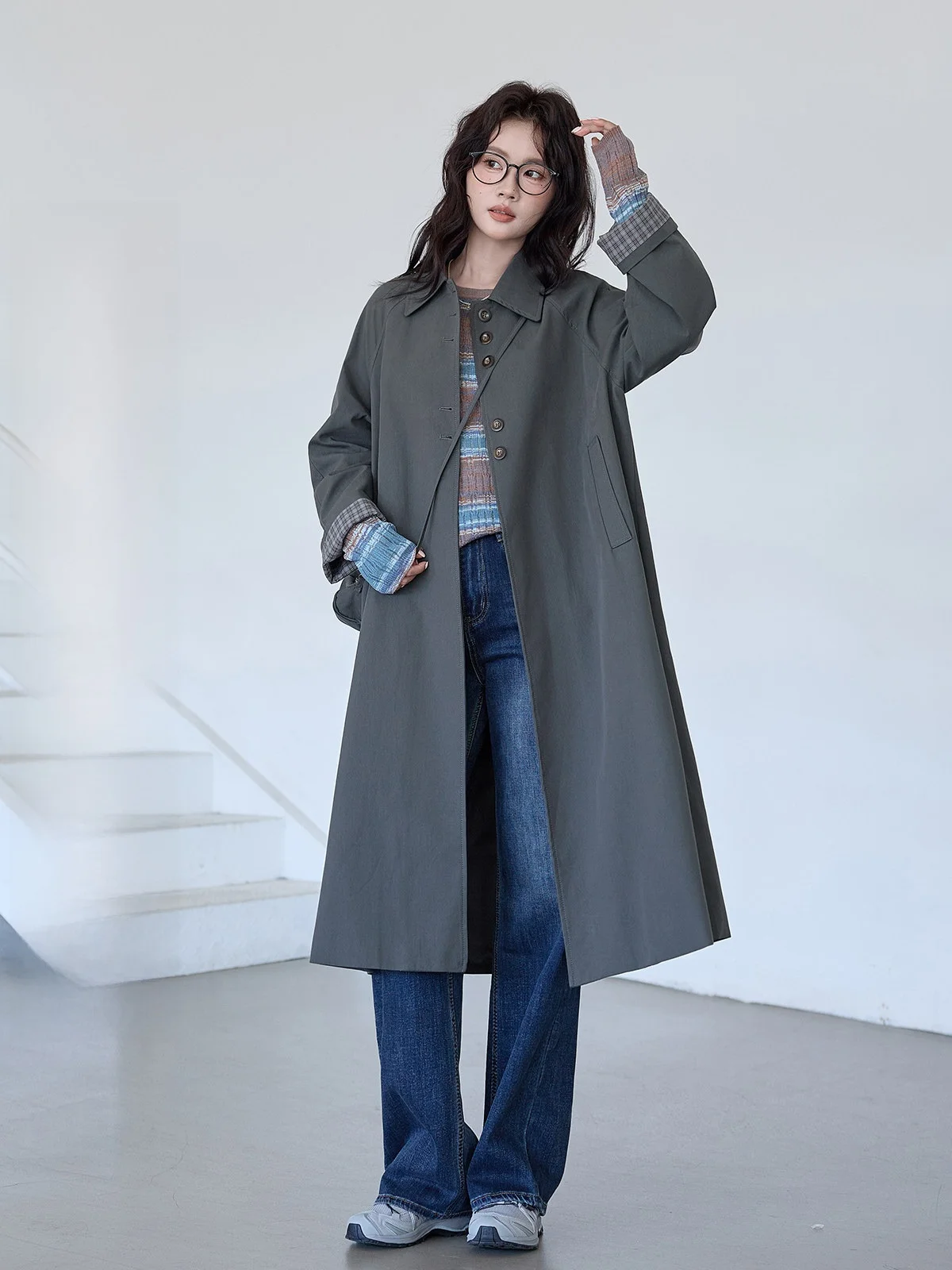 

Deep ey Long Coat Women's 2025 New Sle Turn-down Collar Tee-button oulder-dra Ele Windbreaker Outerwear