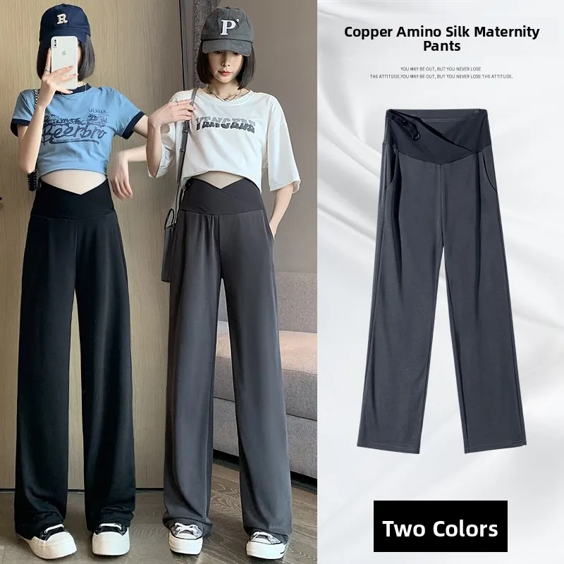 

Summer Ice Silk Wide Leg Pants Cross Waist Straight Cut Trousers for Pregnant Women Copper Ammonia Long Pants Maternity Wear