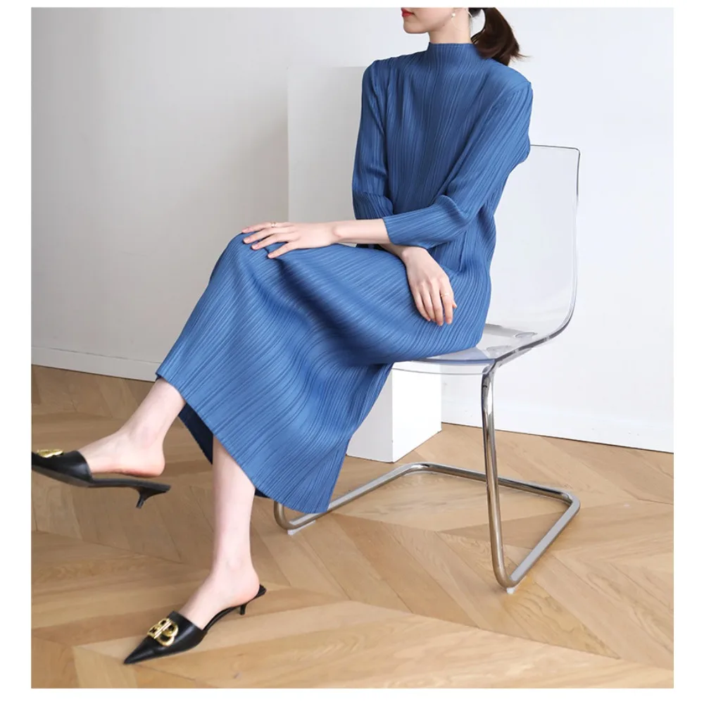 

Miyake Pleats Dress Spring Summer Women Long Sleeve Comfortable Fold Dress High Quality Korean Style Casual Designer Clothes