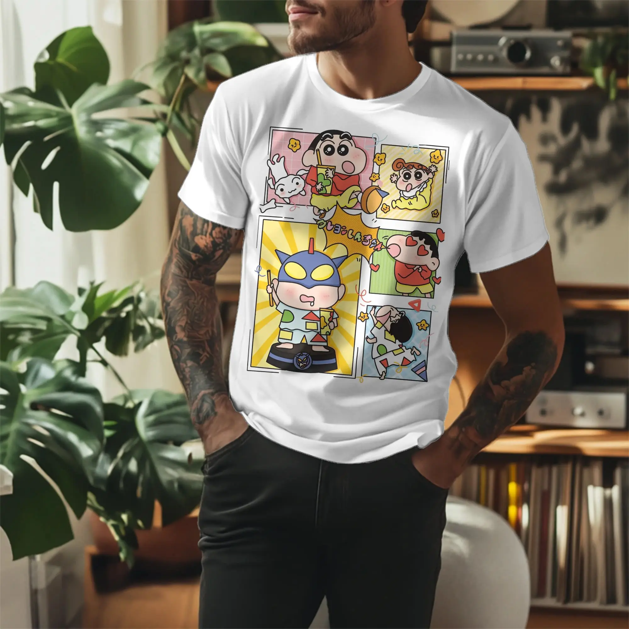 Vintage Crayon Shin-chan T Shirt Unisex Round Neck Short Sleeve Clothes Japan Anime Cotton Summer Clothes