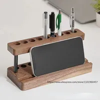 Multi-functional Black Walnut Wood Desktop Pen Holder with Phone Slot for Office and Home Storage Office School Accessories