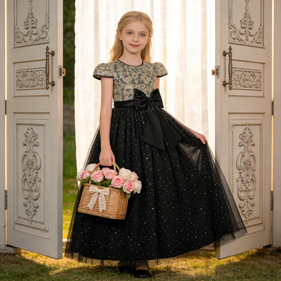Girls Flower Embroidery Party Dress Kids Big Bow Long Wedding Bridesmaid Prom Gown Girl Fashion Lace Birthday Clothes Costumes