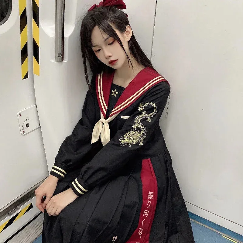Dragon and Cherry Blossom Bad Girl Jk Uniform Embroidery Authentic Dark Black Sailor Suit Set Harujuku Goth Lolita Dress eo]5