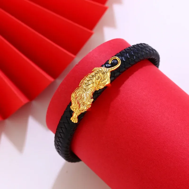 

Original 18K Yellow Gold Color Tiger Leather Bracelets for Men Bro Father Pure Golden Plated Bangles Fine Jewelry Gifts