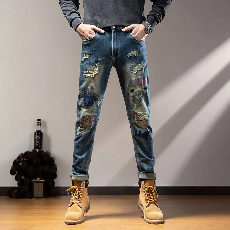 

washed and distressed blue distressed jeans men's straight leg elastic embroidered long pants autumn and winter jeans for men
