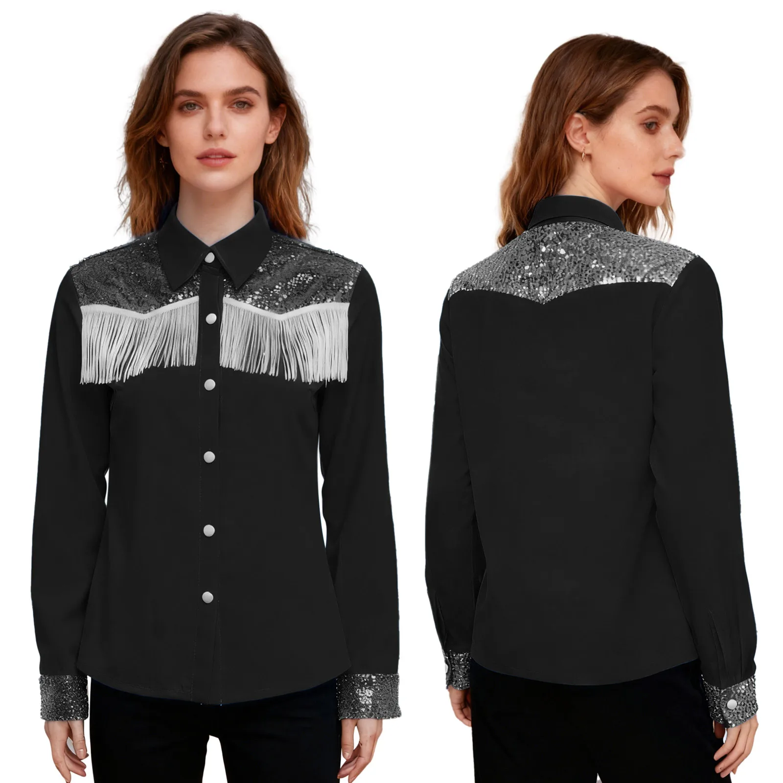

Women Vintage Western Cowgirl Cosplay Performance Long Sleeve Cowgirl Blouse Tops Fringe Decor Shirts for Carnival Holiday Wear