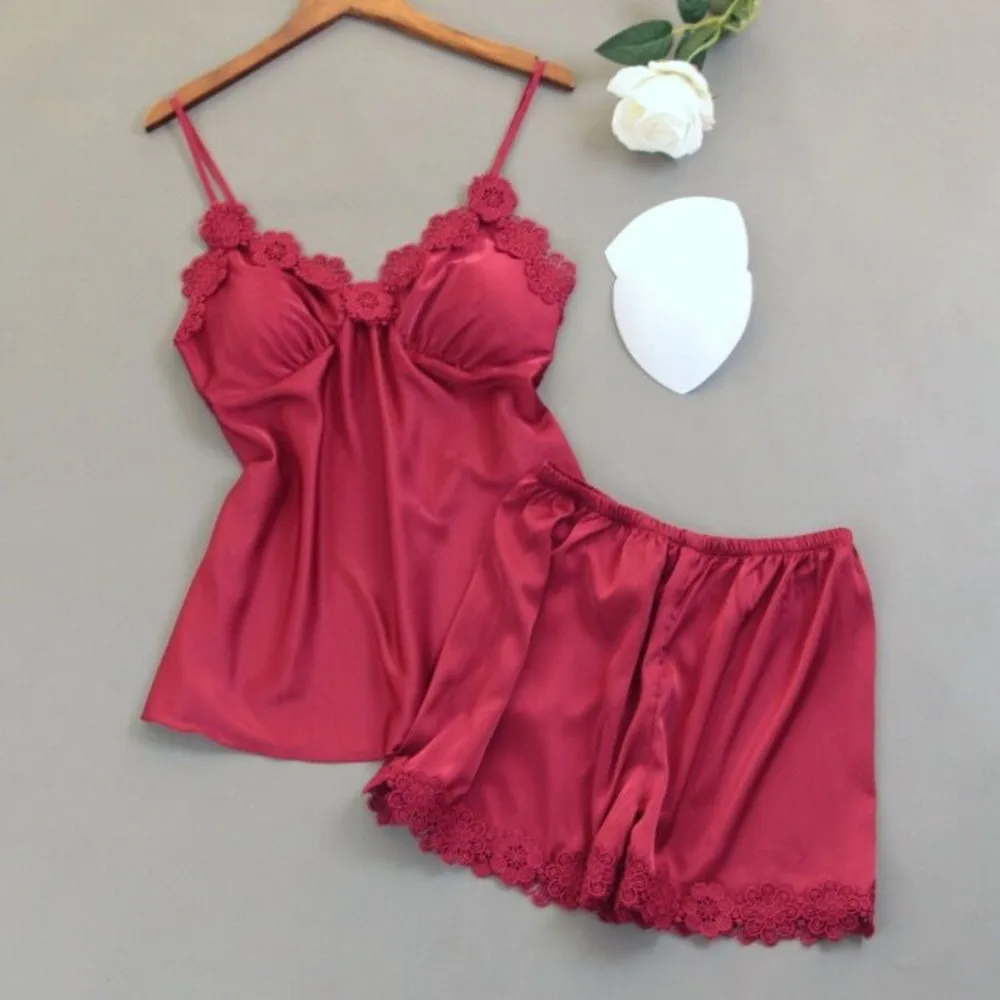 

Ice Silk Lace Pajamas Suit Sleeveless with Pad Sling Shorts Nightwear V-Neck Female Home Clothes Two Piece Sleepwear Sets Summer