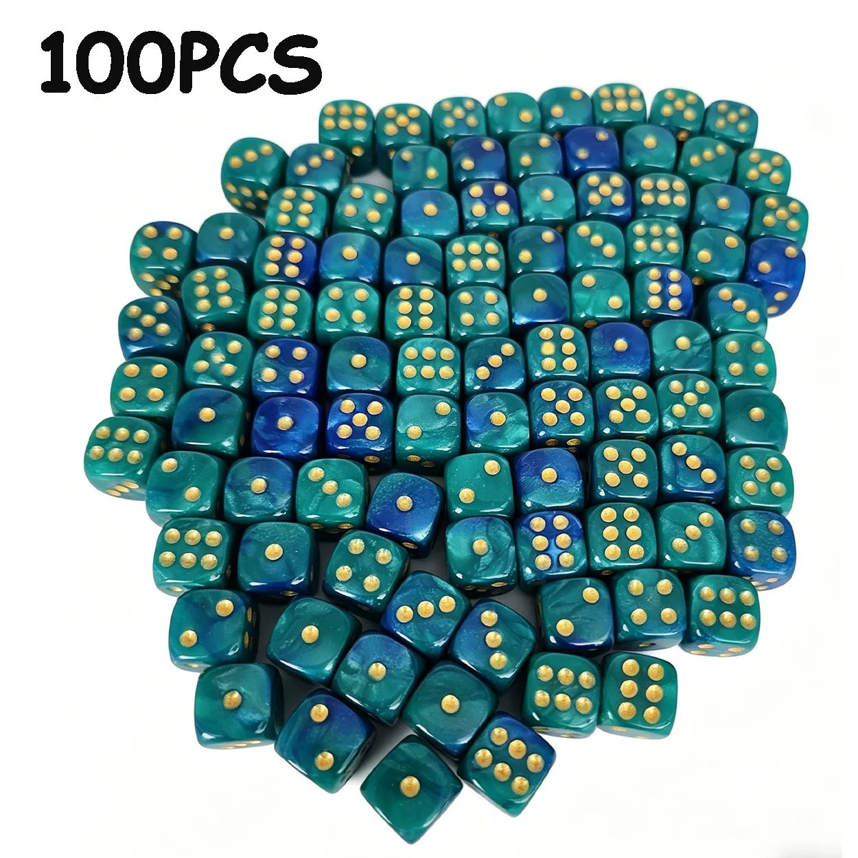 100pcs 12mm D6 Dice Set Teal Blue Gradient Marbled Acrylic with Gold Pips 6-Sided Standard Board Game Dice for Family