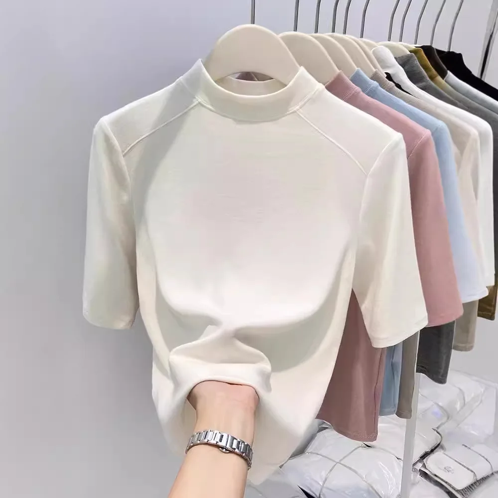 Elegant Euro Wool Half-High Collar Women's Innerwear Half-Sleeve Autumn Winter New Fashion Mid-Sleeve T-Shirt Top