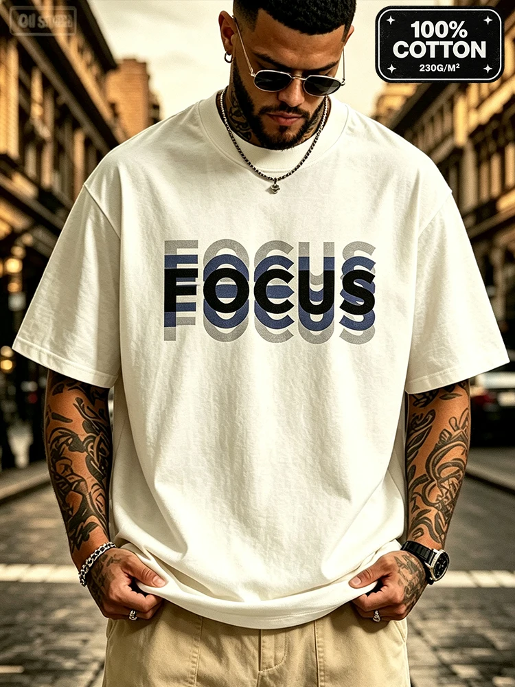 Men's Heavy 100% Cotton Oversized T Shirt Focus Letter Print Vintage Streetwear Minimalist Crew Neck Short Sleeve Tee-T105