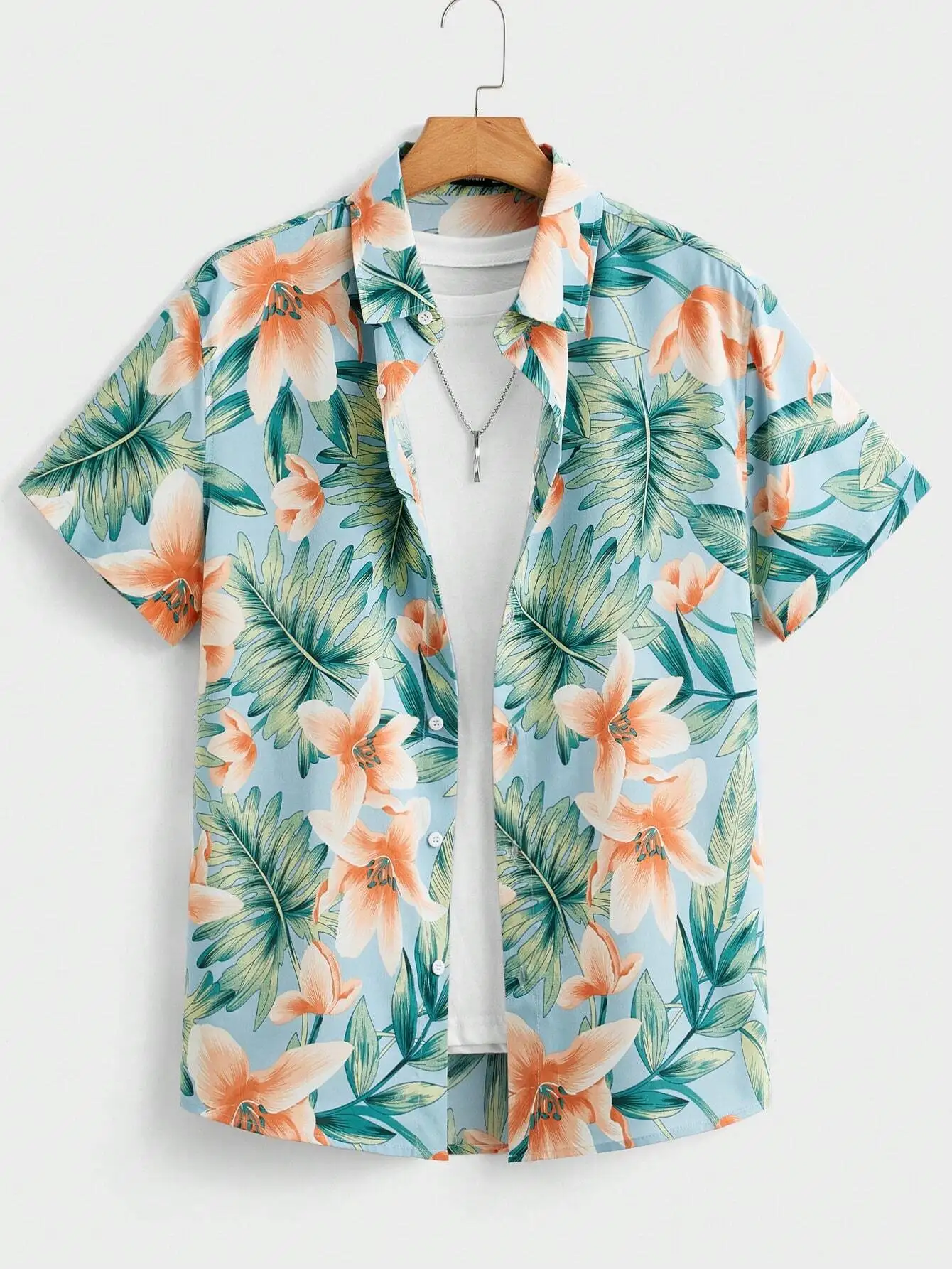 

Men's Short Sleeve Woven Beach Shirt with Tropical Floral Print