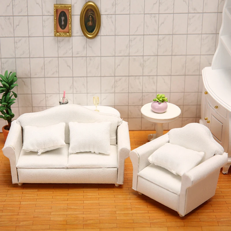 Doll House DIY Decorative Accessories 1:12 Dollhouse Miniature Furniture Sofa With Pillow White Fabric Sofa Model Scene Toy