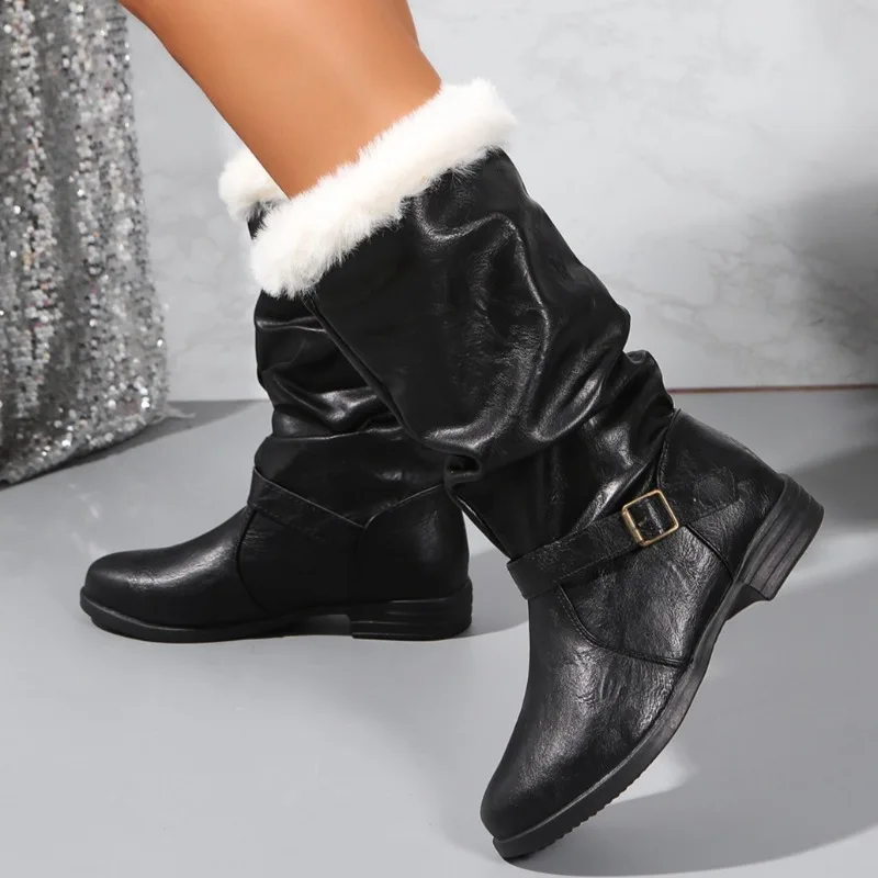 

Heeled Women Fur Mid Calf Boots Fashion Elegant Buckle Shoes 2025 Winter Snow Long Boots Designer Comfort New Trends Zapatillas