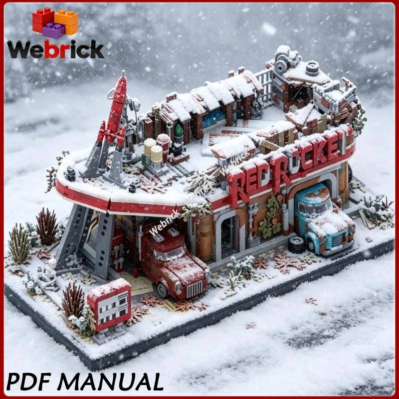 

5725pcs MOC Red Rocket Gas Station Bricks Wasteland Retro Fuel Depot Model Building Blocks Decor Kit