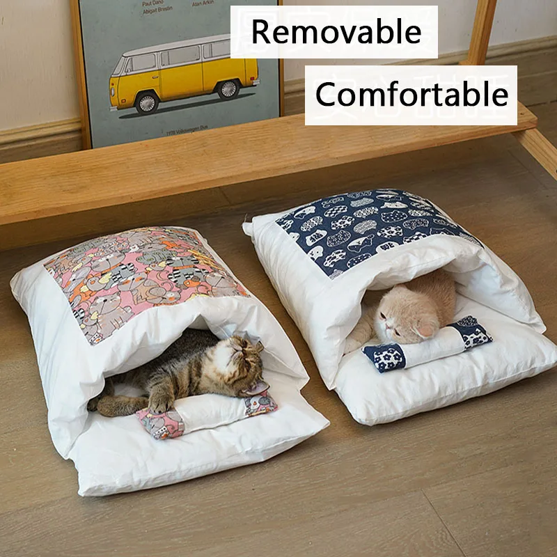 Kawaii Removable Cats Bed House Home Supplies Products for Adult Cats Large Pet Dog Bed Cat\'s House Cave Comfortable  Food Cute