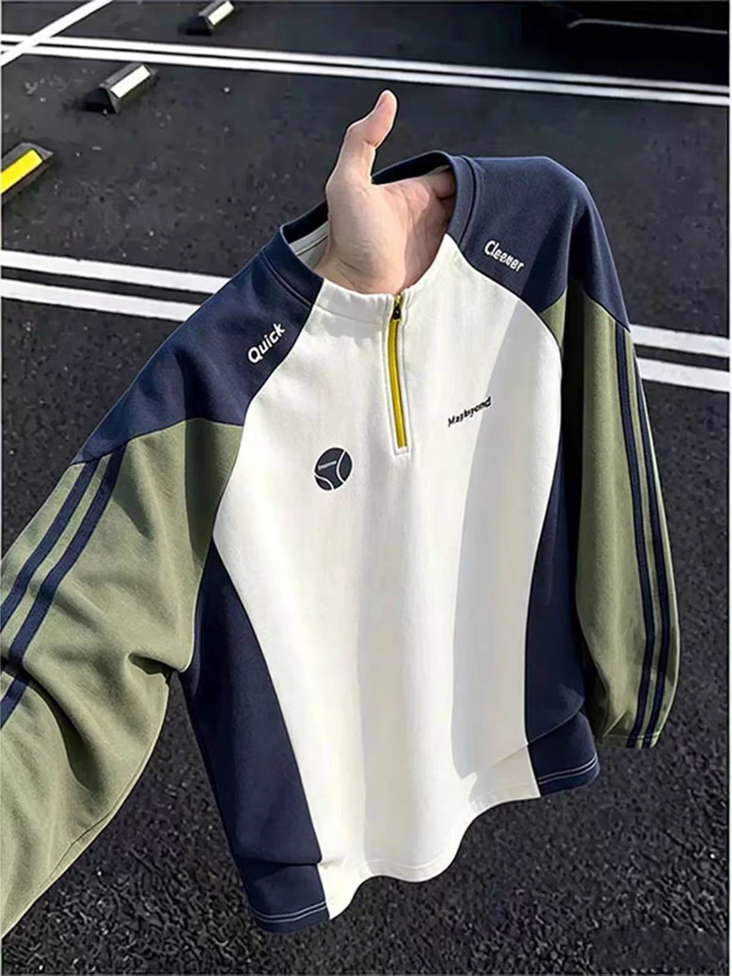 American Color Block Long Sleeve T-Shirt Men's Autumn Breathable Half Zip Quick Dry Sports Cycling Badminton Clothing