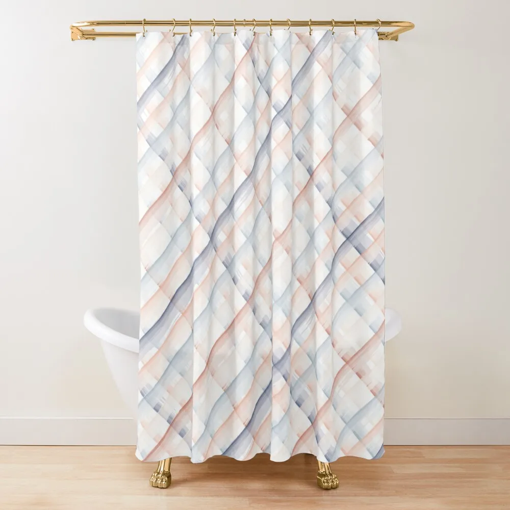 

Navy Blue and Coral Watercolor Checkered Striped Shower Curtain Anime Shower Window Curtain