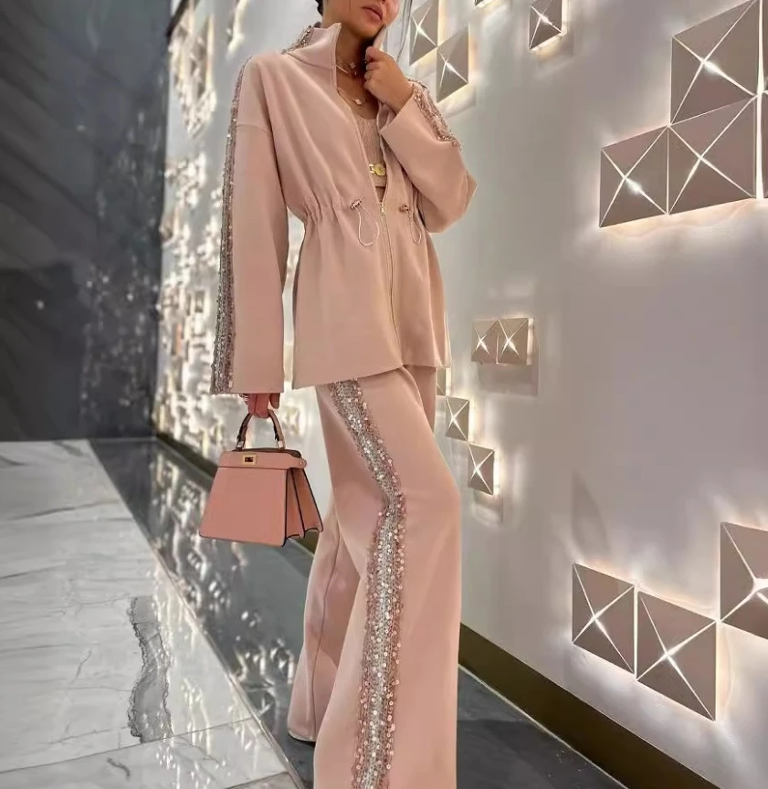 Elegant Two Piece Set for Women Casual Side Sequined Stand Up Collar Zipper Drawstring Top and High Waisted Straight Leg Pants